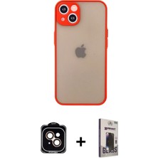 iPhone 14 Ahenk Çizgi Serisi - Siyah Bilvis Hayalet Cam Ekran Koruyucu + Turuncu Pvd Metal Kamera Lens