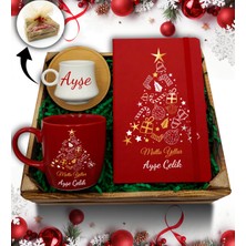 As Gift Kasa Içerisinde Kişiye Özel Kırmızı Defter & Kırmızı Kupa & Bambu Tabaklı Beyaz Fincan Hediye Seti