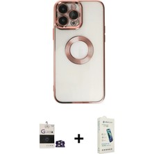Cepte Toptan iPhone 14 Pro Max Pusula Form - Şeffaf Pasifik Cam Ekran Koruyucu + Gümüş Bilvis Titan Kamera Lens