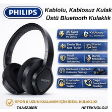  Philips Audio Kulak Üstü Kablosuz,  35 Saat Çalma Süresi, IP55 Toz/su ,soğutucu Kulak Kapakları, Yıkanabilir Kulaklık Yastıkları, Siyah, 2021/2022 Model