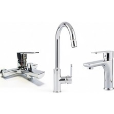 Tua Armatür 3’lü Batarya Seti- Krom Lüks Mutfak Eviye + Lavabo + Banyo  Duş Batarya Musluk Takımı