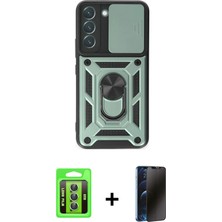 Cepte Toptan Galaxy S23 Ahenk Klasik - Siyah 3D Antistatik Hayalet Cam Ekran Koruyucu + Yeşil Raze Metal Kamera Lens