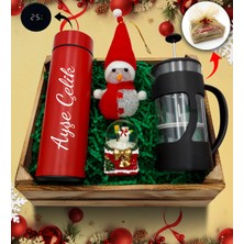 As Gift Kasa Içerisinde Kişiye Özel Kırmızı Termos & French Press & Kar Küresi & Kardan Adam Hediye Seti