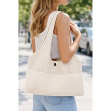 Irmak Kerekli Kadın Triko Örme Gündelik Omuz Çantası Yazlık Astarsız Çelik Örgü Çanta 2403 Ekru