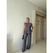Fehu Bloom Nervürlü Bluz Pantolon Takım Indigo
