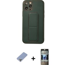 Cepte Toptan iPhone 12 Pro Akış Doku - Siyah 34D Hayalet Izgaralı Cam + Koyu Yeşil Metal Kamera Lens Koruma Cam