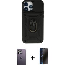 Cepte Toptan iPhone 13 Pro Max Ahenk Klasik - Siyah 3D Antistatik Hayalet Cam Ekran Koruyucu + Beyaz Neon Fosforlu Kamera Lens