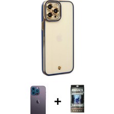 Cepte Toptan iPhone 12 Pro Çekirdek Klasik Serisi - Siyah 34D Hayalet Izgaralı Cam + Mavi Neon Fosforlu Kamera Lens