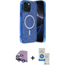 Cepte Toptan iPhone 14 Eksen Çizgi - Şeffaf Royal Nano Ekran Koruyucu + Mavi Raze Metal Kamera Lens