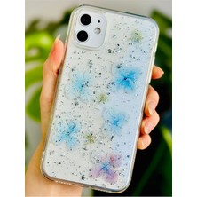 11 ile Uyumlu Epoksili Mavi Simli Çiçek Tasarımlı Oyuncaklı Esnek Silikon Kılıf