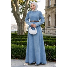 Hafsa Mina Beli Pensli Kemerli Kot Elbise Açık Mavi HM2896