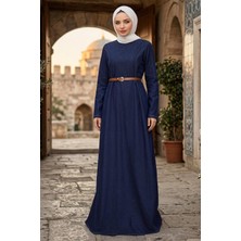 Hafsa Mina Beli Pensli Kemerli Kot Elbise Koyu Mavi HM2896
