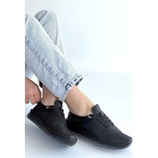 Mesga Butik Omma Siyah Deri Lazerli Bağcıklı Spor Ayakkabı