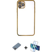 Cepte Toptan iPhone 11 Pro Max Vadi Minimal - Siyah 3D Antistatik Cam Ekran Koruyucu + Gökkuşağı Shine Kamera Lens Koruma Cam