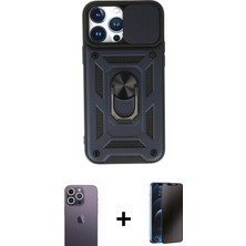 Cepte Toptan iPhone 13 Pro Max Ahenk Klasik - Siyah 3D Antistatik Hayalet Cam Ekran Koruyucu + Beyaz Neon Fosforlu Kamera Lens
