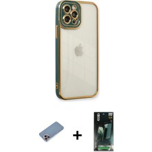 Cepte Toptan iPhone 12 Pro Max Çekirdek Klasik Serisi - Şeffaf 360 Full Body Arka Koruyucu + Pembe Shine Kamera Lens Koruma Cam