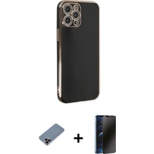 iPhone 12 Pro Max Yankı Serisi - Siyah 3D Antistatik Hayalet Cam Ekran Koruyucu + Siyah Metal Kamera Lens Koruma Cam