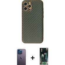 iPhone 12 Pro Ahenk Işık - Siyah 360 Mat Full Body Arka Koruyucu + Mavi Neon Fosforlu Kamera Lens