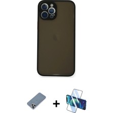 Cepte Toptan iPhone 12 Pro Max Ahenk Çizgi Serisi - Siyah 3D Antistatik Cam Ekran Koruyucu + Gümüş Metal Kamera Lens Koruma Cam