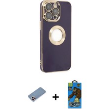 Cepte Toptan iPhone 13 Pro Max Iz Form Serisi - Siyah 18D Cam Ekran Koruyucu + Pembe Shine Kamera Lens Koruma Cam