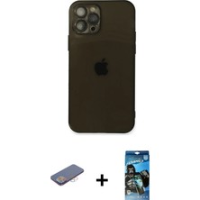 iPhone 12 Pro Max Ahenk Doku - Siyah 34D Izgaralı Cam + Pembe Renkli Kamera Lens Koruma Cam