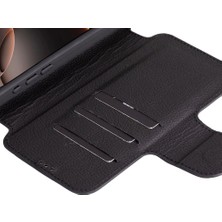 Apple iPhone 16 Pro Uyumlu, Hakiki Deri, El Yapımı, Cüzdanlı Kılıf, Parlak Siyah