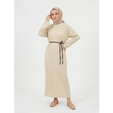 Foremia Pilise Dokulu Kemer Detay Elbise-Taş -