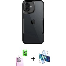 Cepte Toptan iPhone 16 Akış Çizgi Koleksiyonu - Siyah 3D Antistatik Seramik Nano Ekran Koruyucu + Pembe Raze Metal Kamera Lens