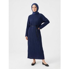 Foremia Pilise Dokulu Kemer Detay Elbise-Lacivert -