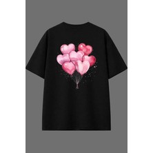 Vsrn Büyük Kalp Balonları Tasarım Arka Baskılı Siyah Oversize T Shirt