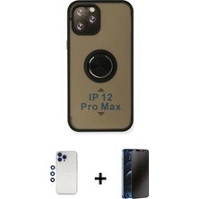 Cepte Toptan iPhone 12 Pro Max Yörünge Çizgi - Siyah 3D Antistatik Hayalet Cam Ekran Koruyucu + Lacivert Shine Kamera Lens