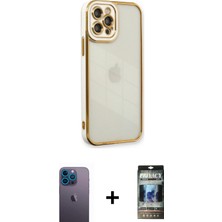 Cepte Toptan iPhone 12 Pro Çekirdek Klasik Serisi - Siyah 34D Hayalet Izgaralı Cam + Mavi Neon Fosforlu Kamera Lens