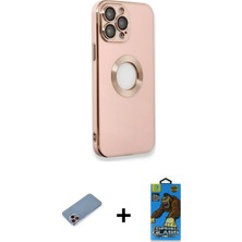 Cepte Toptan iPhone 13 Pro Max Iz Form Serisi - Siyah 18D Cam Ekran Koruyucu + Pembe Shine Kamera Lens Koruma Cam