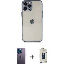 Cepte Toptan iPhone 12 Pro Max Vadi Minimal - Siyah Bilvis Hayalet Cam Ekran Koruyucu + Mavi Neon Fosforlu Kamera Lens