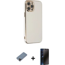 Cepte Toptan iPhone 12 Pro Max Yankı Serisi - Siyah 3D Antistatik Hayalet Cam Ekran Koruyucu + Siyah Metal Kamera Lens Koruma Cam