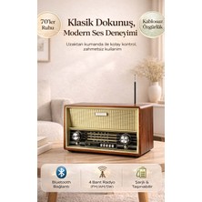 FaroxTech Nostaljik Ahşap Görünümlü Bluetooth Hoparlör ve 4 Bantlı Radyo - Şarjlı ve Uzaktan Kumandalı