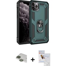 Cepte Toptan iPhone 11 Pro Max Ahenk Klasik Koleksiyonu - Siyah Seramik Nano Ekran Koruyucu + Yeşil Pers Alüminyum Kamera Lens