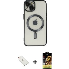 Cepte Toptan iPhone 14 Nova Işık Özel Seri - Siyah Buffer Cam Ekran Koruyucu + Kırmızı Diamond Kamera Lens