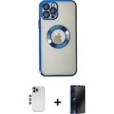 Cepte Toptan iPhone 12 Pro Pusula Form - Siyah 3D Antistatik Hayalet Cam Ekran Koruyucu + Mavi Shine Kamera Lens