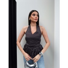 Esra Helvacı Puantiyeli Boyun Bağlamalı Fırfırlı Bluz