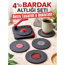 Cafio3D Retro Plak 4’lü Bardak Altlığı Seti Tasarım Standlı 10.5 cm Dekoratif Kahve Aksesuarı
