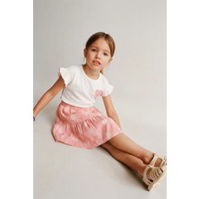 Magu Kız Çocuk Pamuklu Beyaz Pembe Papatya Desenli Etekli Takım - Kalp Baskılı Fırfır Kollu Tişört