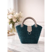 Ilke Çanta Dünyası Deri Saplı Yumuşak Dokulu Petrol Mavisi Peluş Kelebek El Çantası