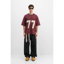 Vamos Numara Baskılı Oversize Tişört Bordo
