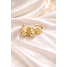 Ascera Altın Renk Zirkon Taşlı Damla Formlu Küpe & Yüzük Seti – 316L Paslanmaz Çelik Kararmayan Işıltılı