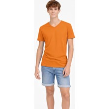 Velmora Fashion Genç Erkek Çocuk V Yaka Tişört Model - Turuncu