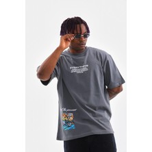 Velmora Fashion Bisiklet Yaka Baskılı Oversize T-Shirt - Gri -