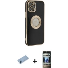 iPhone 12 Pro Iz Form Serisi - Siyah 34D Hayalet Izgaralı Cam + Mavi Shine Kamera Lens Koruma Cam