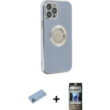 Cepte Toptan iPhone 12 Pro Iz Form Serisi - Siyah 34D Hayalet Izgaralı Cam + Mavi Shine Kamera Lens Koruma Cam