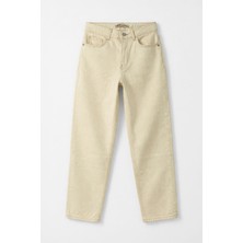 Markapia Kadın Ekru Straight Fit %100 Pamuk Jean Pantolon